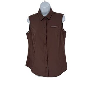 Eddie Bauer Mocha Brown Button Down Chest Pockets Sleeveless Tech Shirt Small